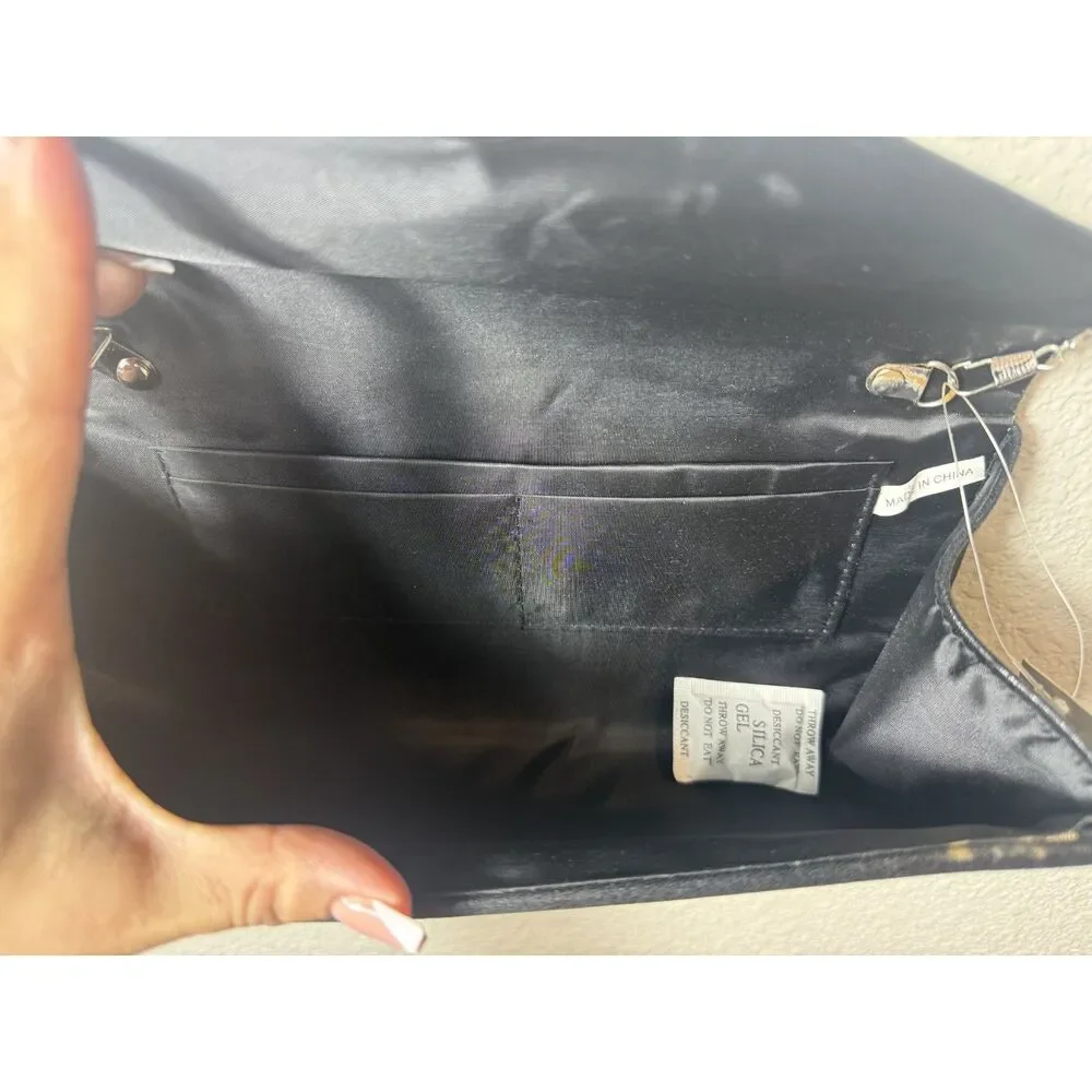 Black Satin Envelope Clutch with Silver Chain